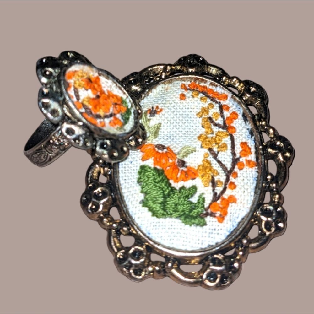 Vintage needle‎ point brooch and matching ring